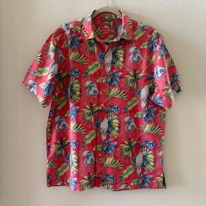 Tommy Bahama Mens Red Tropical Parrot Floral Print Cotton Camp Shirt Size Medium